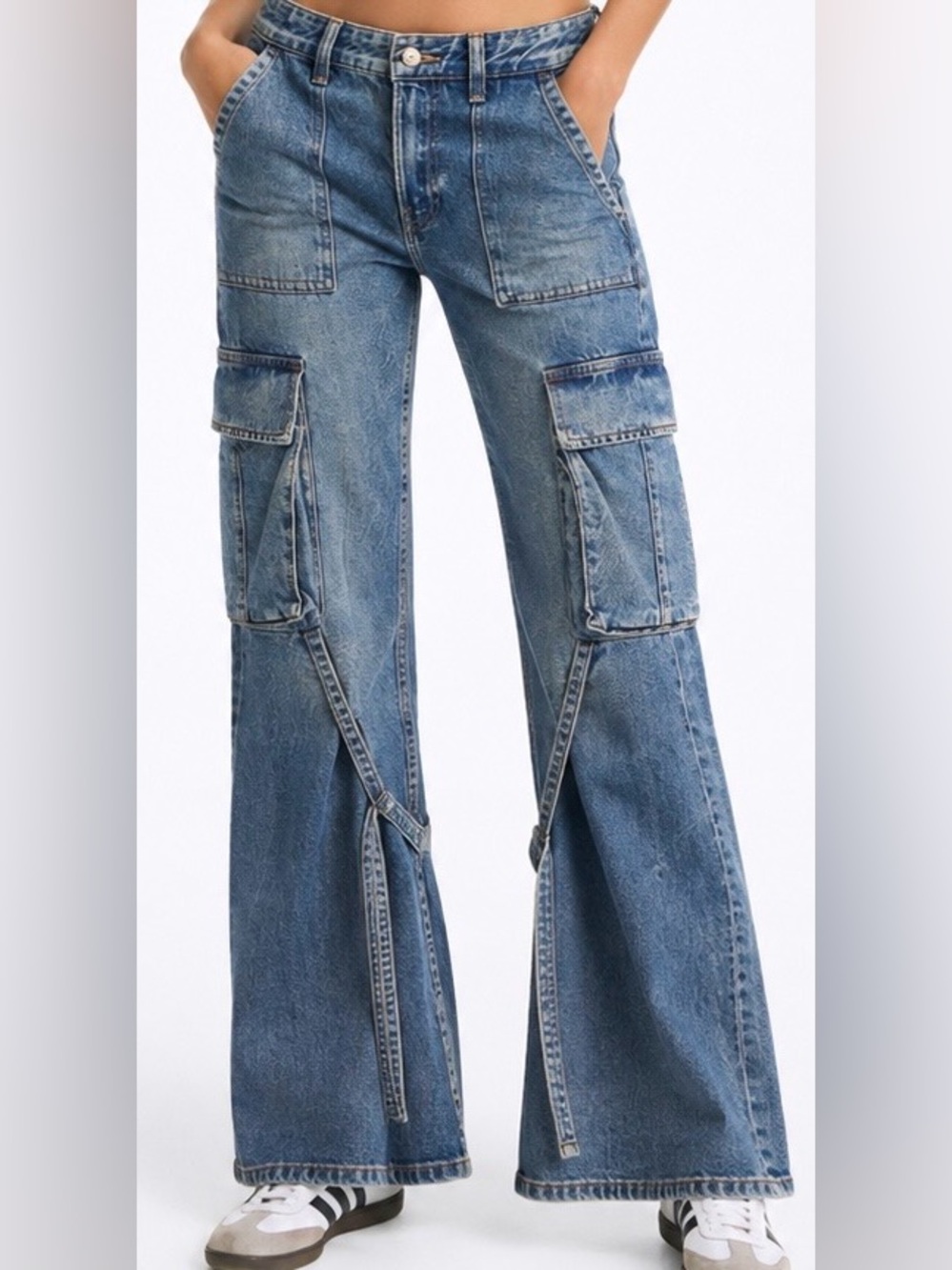 Zara Cargo Jeans Blue‎ Utility Wide Leg Bootcut Denim Size 0
